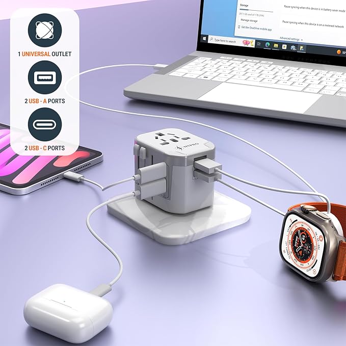 5 in 1 Universal Travel Adapter-10A | International Power Adapter with 2 USB C, 2 USB A Ports | 3.4A & 2400W Fast Portable Charger | Travel Adapter Worldwide Covering 200+ Countries- White