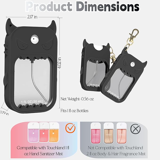 Hand Sanitizer Case Compatible with Touchland 1 Fl Oz, Cute Monster Silicone Spray Holder with Keychain for Bags, Black