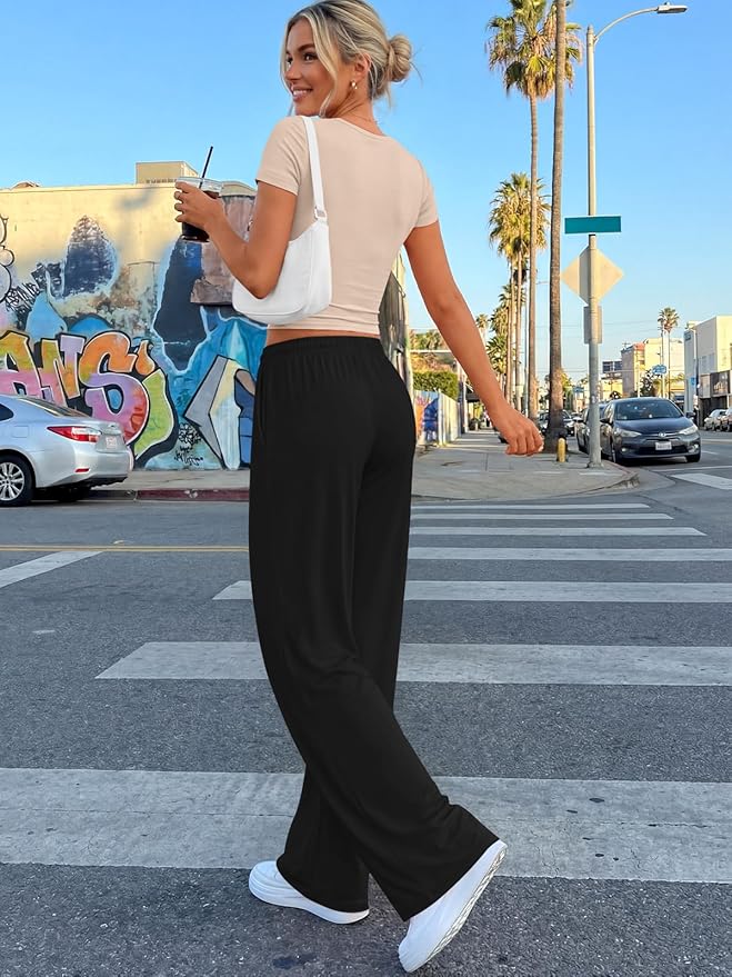 Trendy Queen 2 Piece Matching Summer Lounge Set Womens Side Ruching Top Wide Leg Pants Sets with Pockets