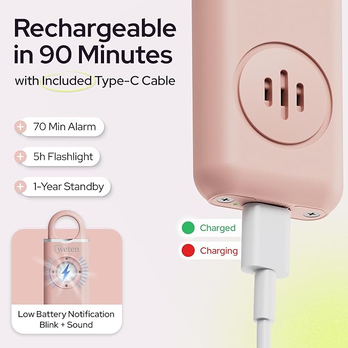 Weten Personal Safety Alarm for Women - 130dB Loud Panic Siren Keychain 3 Pack - Rape Whistle - LED Light, Carabiner Clip, Low Battery Alert, USB-C Charging Self Defense Alarm (Black Pink Blue)