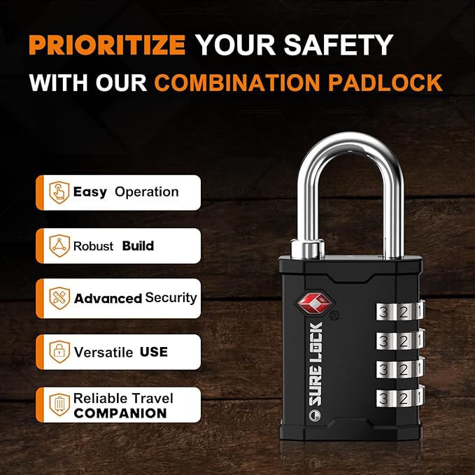 SURE LOCK TSA Accepted Heavy Duty Big Combination Luggage Padlock for Gun Cases, Transporting Equipment Cases in Trade Show, Music and Medical Industries (1, Black)
