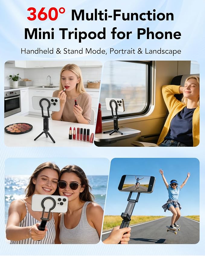 Magnetic Tripod for iPhone - Foldable Mini Pocket Phone Stand, Portable Selfie Stick Handle Grip with 360°, Airplane Travel Essentials, Phone Holders for Your Car and Gym (Grey)