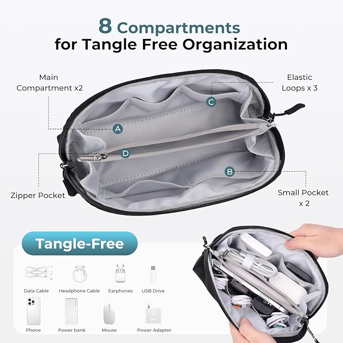 FYY Travel Cable Organizer - 8 Compartments Lightweight Water Resistant Tech Pouch with Wrist Strap Portable Electronic Accessories Case for Cord Charger Storage for Travel Home Office Black (Medium)