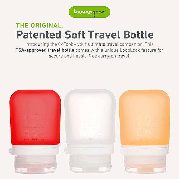 humangear GoToob+ Bottles - Silicone Leak-Proof Travel Tubes for Toiletries, Camping & TSA Carry-On (3-Pack), Small (1.7 fl oz; 53ml), Clear/Red/Orange