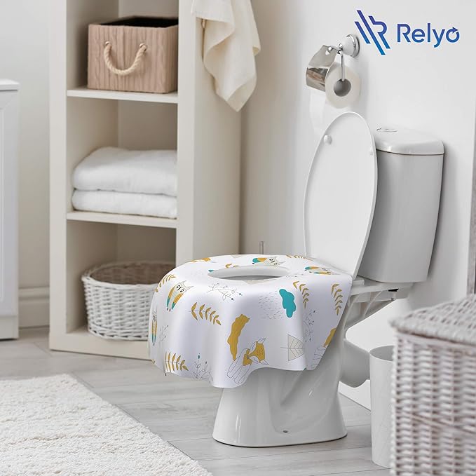 Relyo Disposable Toilet Seat Cover for Travel – 20 Pack with Covers Wrapped in Sets of 2, Non-Flushable Liners, Fits Most Seats – Kids, Toddlers, Adults (Owls, 20)