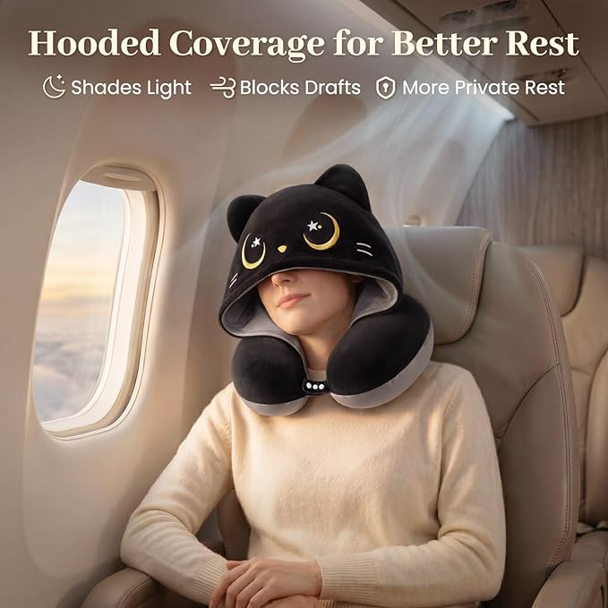 Mewaii Travel Neck Pillow with Hood for Airplanes,Memory Foam,Breathable Ice Silk & Soft Velvet,Double-Sided,Removable to Clean,Adjustable Strap,Portable Travel Pillow for Long Flights Adults & Teens