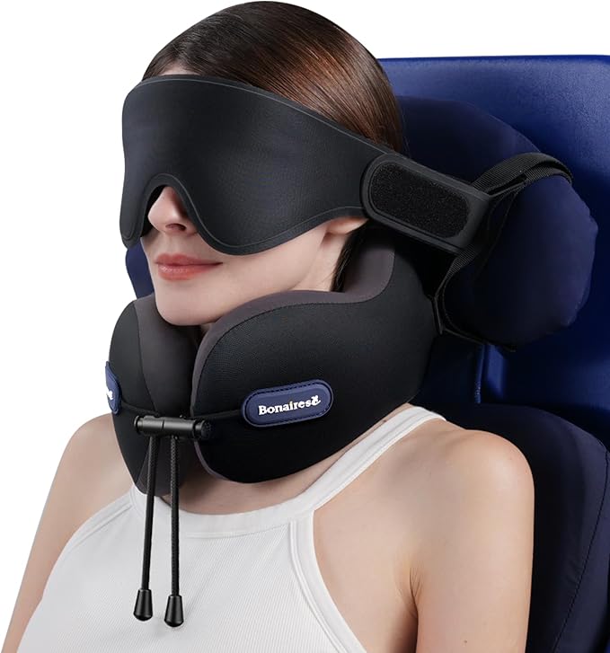 Travel Pillow, Neck Pillow Airplane with 3D Eye Mask & Seat Strap for Long Flight Sleep Road Trip, Dual-Density Supportive Foam, 360°Support Head, Neck & Chin Travel Essentials Black & Grey