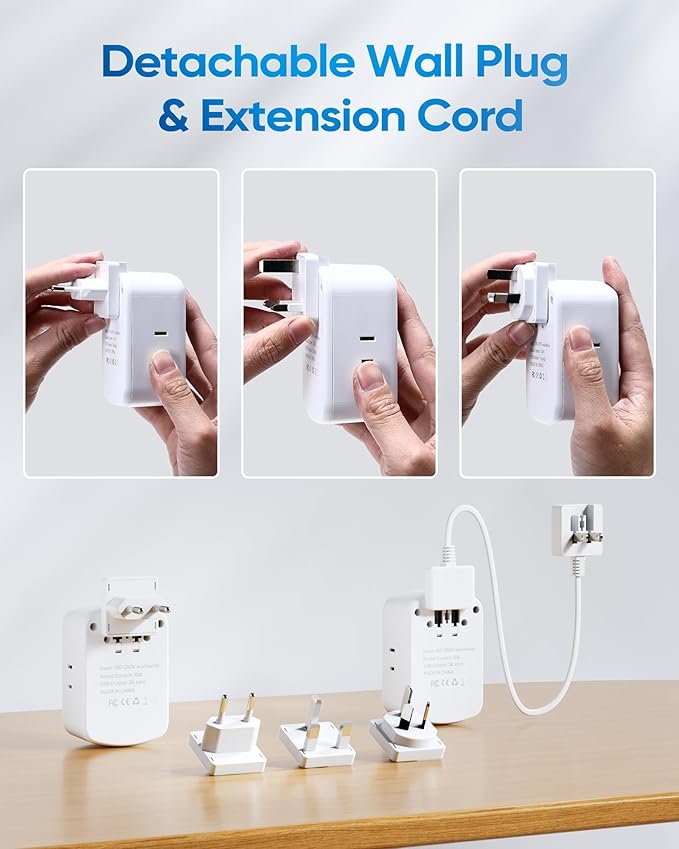 Kakyanill Universal Travel Adapter, Type A/C/G/I Plug Adapter, 5ft Detachable Extension Cord, 3 AC Outlets, 4 USB Ports (2 USB C), UK Europe Australia International Power Adapter