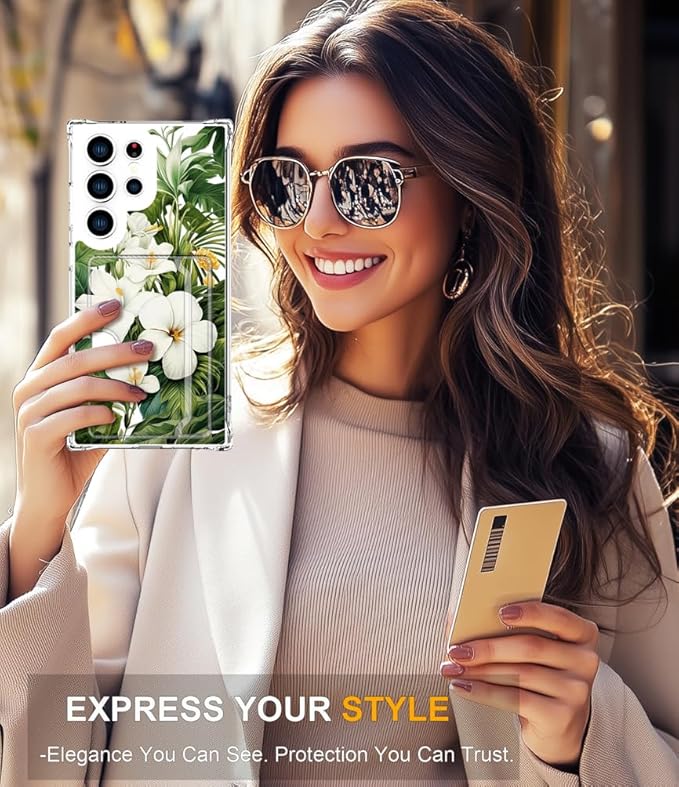Compatible with Samsung Galaxy S24 Ultra Case Card Holder for Women Cute Design,Wallet Phone Cases Transparent Cool Kawaii Protective (Clear Green Flowers Tropical Jungle)