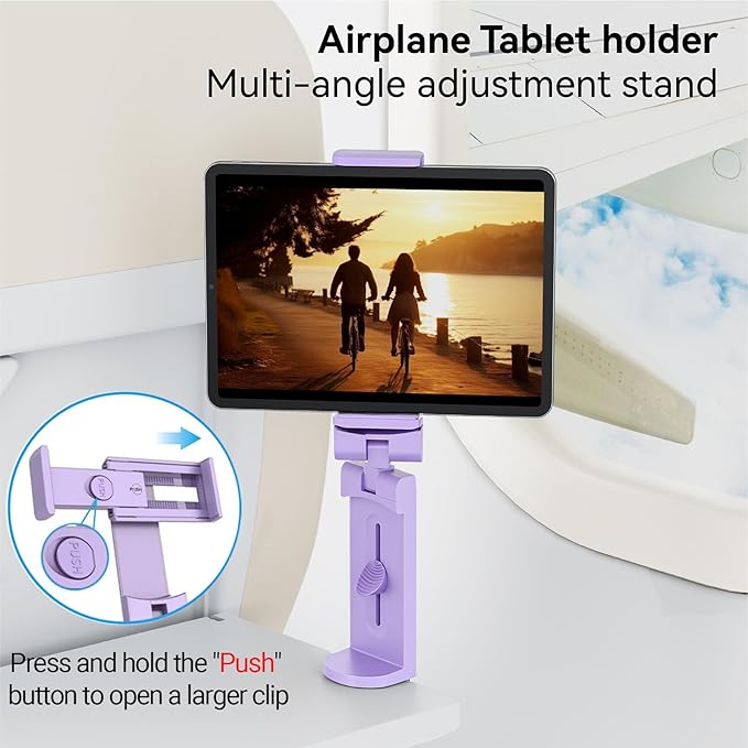 Airplane Tablet Holder Mount, Travel Essential Handsfree Tablet Stand for Flying with Multi-Directional 360 Degree Rotation, Compatible with iPad/Galaxy Tabs, Only Fits 7–11" Tablets (Purple)
