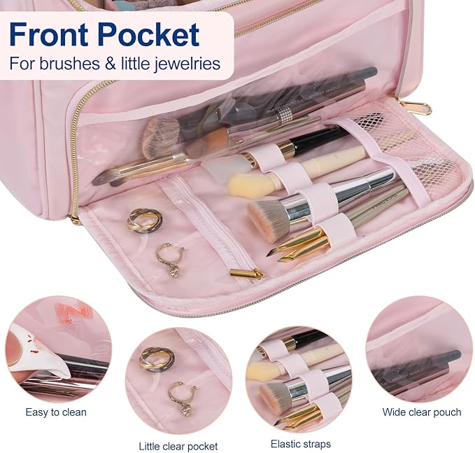 GR69N Travel Toiletry Bag Large Cosmetic Makeup Bag Organizer for Women,Wide-open Make Up Bag Waterproof Makeup Case Travel Bag with Handle and Dividers for Toiletries,Essentials,Accessories,LT Pink