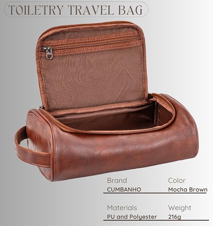 Mens Toiletry Bag,Compact Dopp Kit for Men Travel, PU Leather Shaving Kit, Water-Resistant Minimalist Organizer with Wrist Strap, Travel Toiletry Bag, Gift for Men,Large 10x6.5x4 Mocha Brown