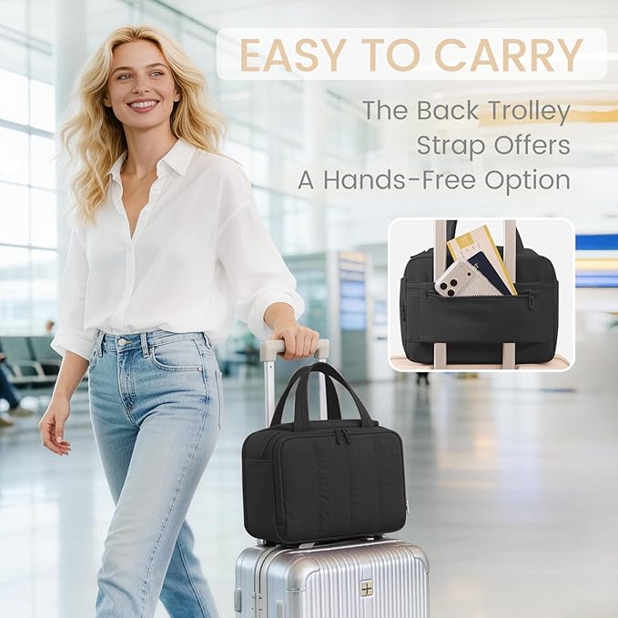Toiletry Bag for Women Puffy Large,Travel Makeup Bag,Large Toiletry Bag with Adjustable Dividers,Waterproof Cosmetic Travel Bag with Trolley Sleeve,Toiletries Organizer,Black