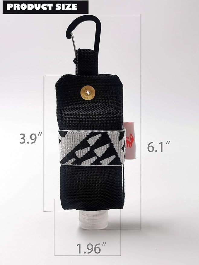 Travel Size Hand Sanitizer Holder,Bottle Case and Carabiner Carrier bag-Portable Mini Waist Bag for Liquids Clip On Belt Loop, Backpack and Purse - Includes Empty 60ml/ 2 oz Reusable Bottle (Black)