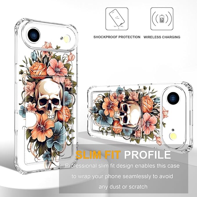 Compatible with iPhone 17 Air Case Card Holder for Women Cute Design,Wallet Phone Cases Transparent Cool Kawaii Protective (Clear Skull & Flowers)