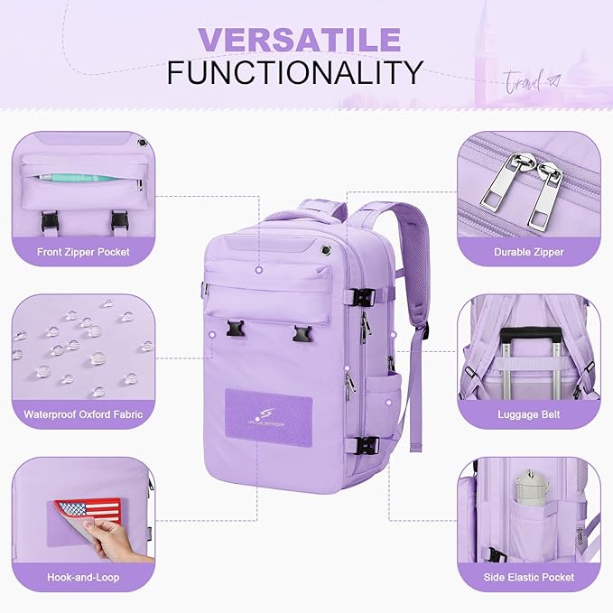 Maelstrom Travel Backpack for Women Men,25L Laptop Backpack Fits 15.6-Inch Laptop,Waterproof Carry On Backpack for Airplanes with Detachable Crossbody Bag & Shoe Compartment (Purple, Medium)