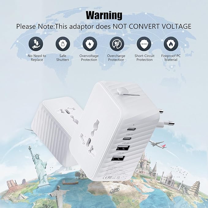 Universal Travel Adapter - Worldwide Power Plug Converter for US, UK, EU, AU with Type-C & USB-A Ports - European Travel Plug Adapter, International Power Adapter (White)