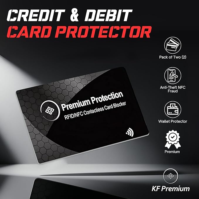 KF-Premium RFID Blocking Card (2 Pack) - Ultra Thin Debit & Credit Card Protector - Anti Theft & Fraud Contactless NFC Card Blocker - Passport Wallet Defender for Men & Women (Black)