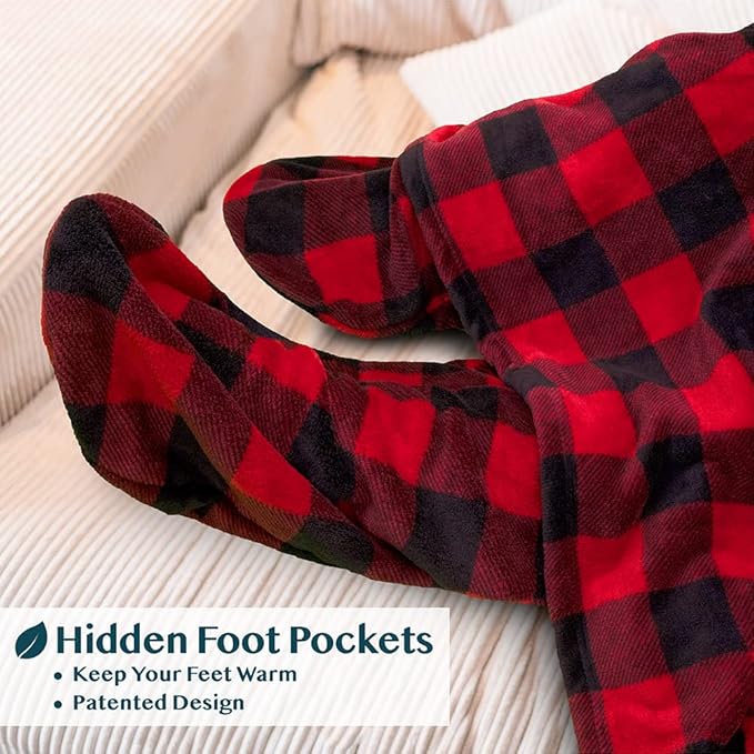 PAVILIA Fleece Blanket with Sleeves, Foot Pockets for Women Men Adults, Plush Wearable Blanket Throw Wrap, Warm Snuggle Blanket Robe, Cozy Gift Ideas Wife Mom, Checkered Red