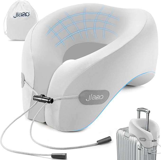 jiaao Travel Pillow Memory Foam Neck Support, Advanced Memory Foam Neck Pillow for Airplanes, Cars & Trains with Eye Mask, Earplugs & Storage Bag