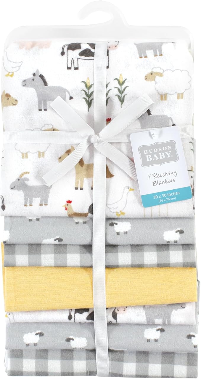 Hudson Baby Unisex Baby Cotton Flannel Receiving Blankets Bundle, Cute Farm, One Size (Pack of 2)