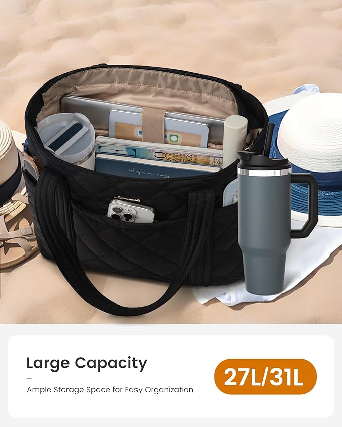 LOVEVOOK Puffer Tote Bag for Women, Puffy Work Handbag with Cup Holder, Travel Carry On Bag with Zipper for Teacher Nurse Gym