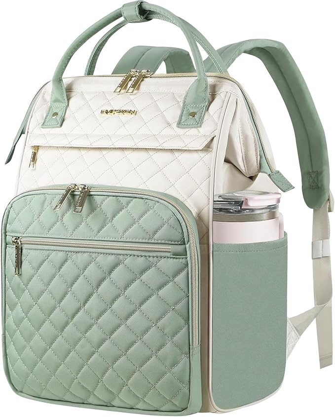 EMPSIGN 17 Inch Laptop Backpack for Women, Work Business Travel Computer College Bags, Large Capacity Water-repellent Quilted Casual Daypack, Beige-Light Green