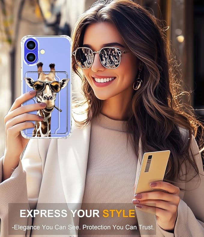 Compatible with iPhone 17 Case Card Holder for Women Cute Design,Wallet Phone Cases Transparent Cool Kawaii Protective (Clear Giraffe Smoking Animal)