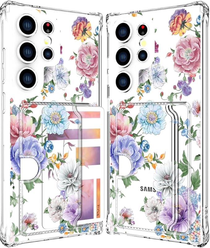 Compatible with Samsung Galaxy S24 Ultra Case Card Holder for Women Cute Design,Wallet Phone Cases Transparent Cool Kawaii Protective (Clear Amazing Lovely Flowers)