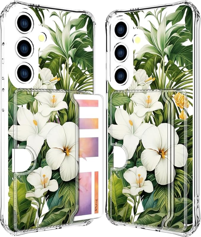 Compatible with Samsung Galaxy S24+ Plus / S25+ Plus Case Card Holder for Women Cute Design,Wallet Phone Cases Transparent Cool Kawaii Protective (Clear Green Flowers Tropical Jungle)