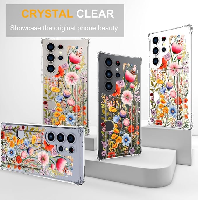 Compatible with Samsung Galaxy S24 Ultra Case Card Holder for Women Cute Design,Wallet Phone Cases Transparent Cool Kawaii Protective (Clear Flowers Lily Girly Florals)