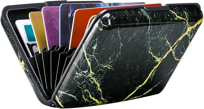 ELFISH Mini RFID Aluminum Wallet Credit Cards Holder Business Card Case Metal ID Case for Men Women (Black Marble)