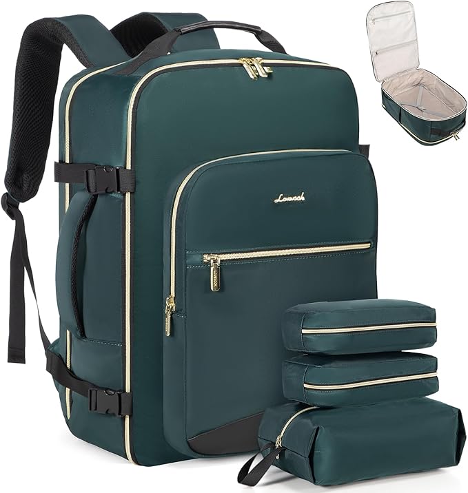 LOVEVOOK Travel Backpack for Women & Men 40L,Airline Approved Carry On Backpack Travel Essentials,TSA Carry on Luggage,Waterproof Personal Item Travel Bag,Suitcase with 3 Packing Cube,Dark green-Black