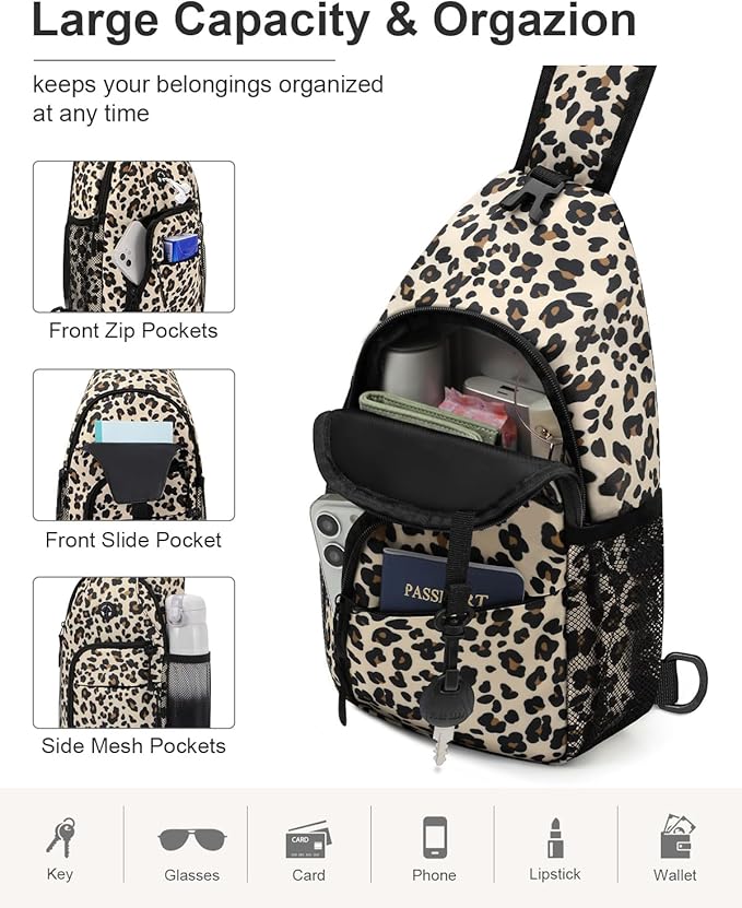 Pritent Crossbody Bags for Women Man Waterproof Sling Bag Backpack Trendy Casual Cross Body Bag with Convertible Shoulder Strap Chest Bag for Camping Hiking Travel Essentials (Leopard, Medium)