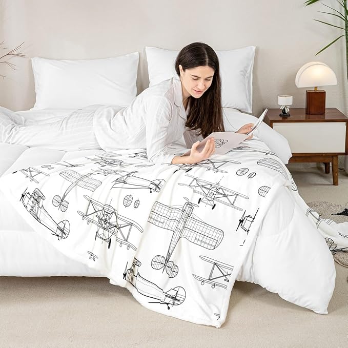 Airplane Kids Throw Blanket,Hand-Painted Sketch American Aircraft Bed Blanket for Girls Boys Adults,Air Vehicles Cartoon Fleece Blanket,Black White Fuzzy Blanket,Throw Size (50 x 60 Inches)