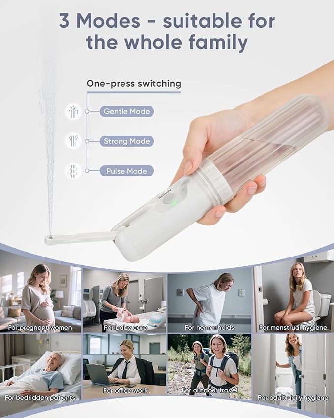 Portable Bidet for Travel, Multi- Bottle Compatible Handheld Bidet, 3 Water Pressure Modes, 180°Adjustable Nozzle, IPX6 Waterproof, White