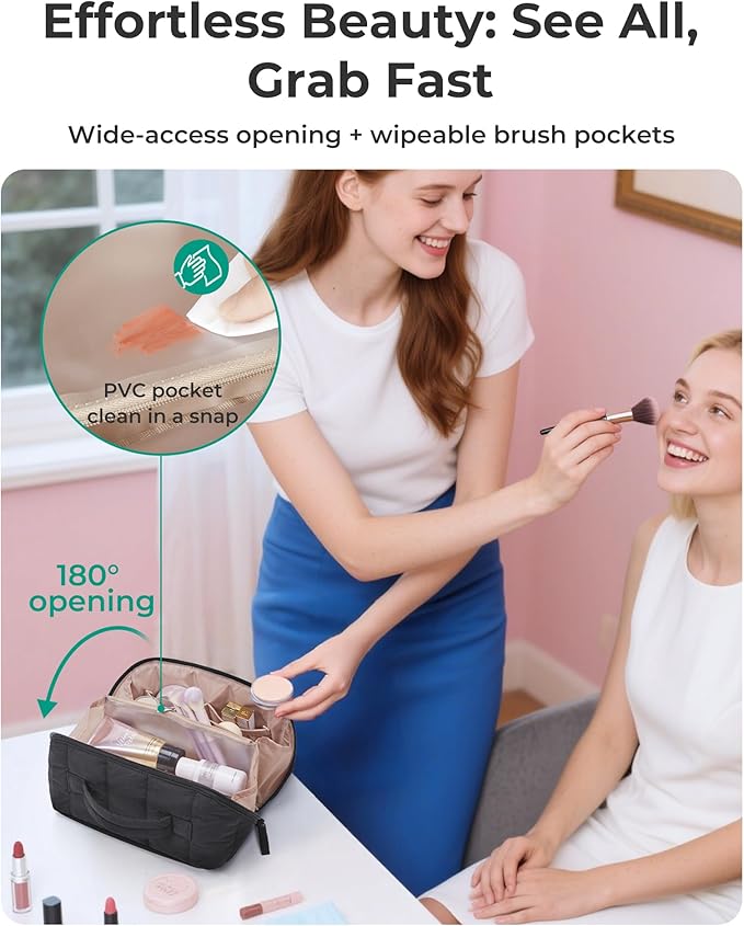 BAGSMART Travel Makeup Bag for Women, Portable Water-resistant Cosmetic Case, Puffy Padded Make Up Organizer Pouch, Open Flat Toiletry Bag for Toiletries, Brushes, Leopard