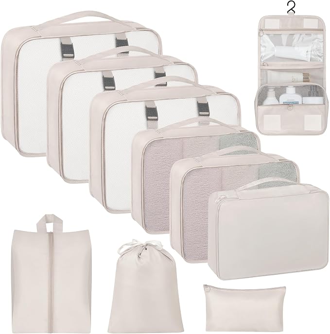 10 Set Packing Cubes for Travel, Travel Packing Cubes with Hanging Toiletry Bag and Shoe Bag, Suitcase Luggage Organizer Bags for Travel Essentials Women Men