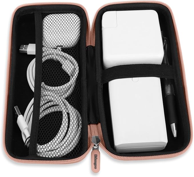 iMangoo Travel Essential Electronics Organizer Pouch Charger Case, Shockproof Dual Zipper Power Bank Cables Tech Accessories Purse, Men & Women Travel Must Have Storage Bag, 8.5x4.5x2 inch Rose Gold