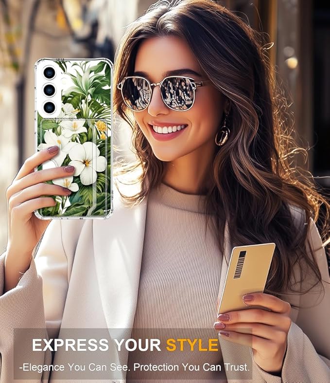 Compatible with Samsung Galaxy S24 / S25 Case Card Holder for Women Cute Design,Wallet Phone Cases Transparent Cool Kawaii Protective (Clear Green Flowers Tropical Jungle)