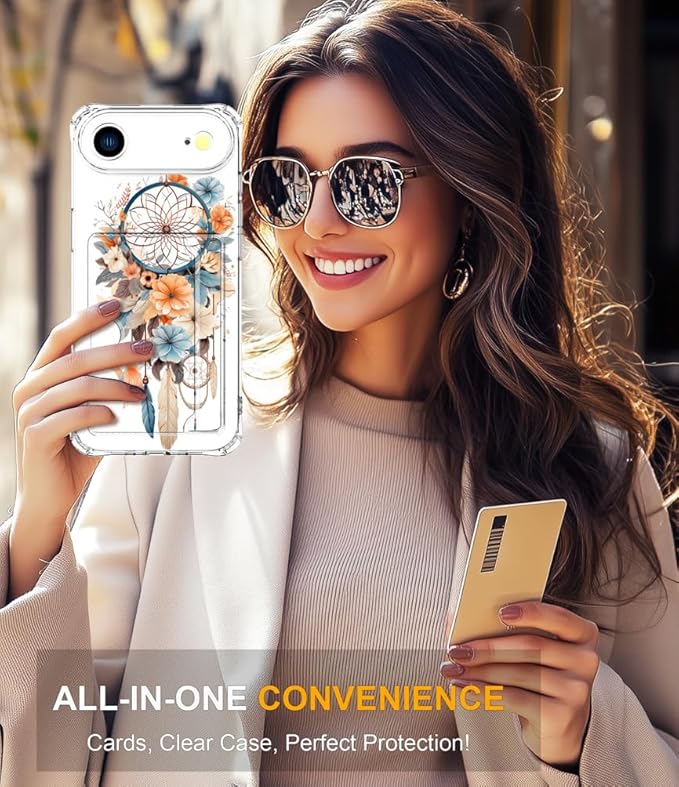 Compatible with iPhone 17 Air Case Card Holder for Women Cute Design,Wallet Phone Cases Transparent Cool Kawaii Protective (Clear Dreamcatcher Dream Cather)