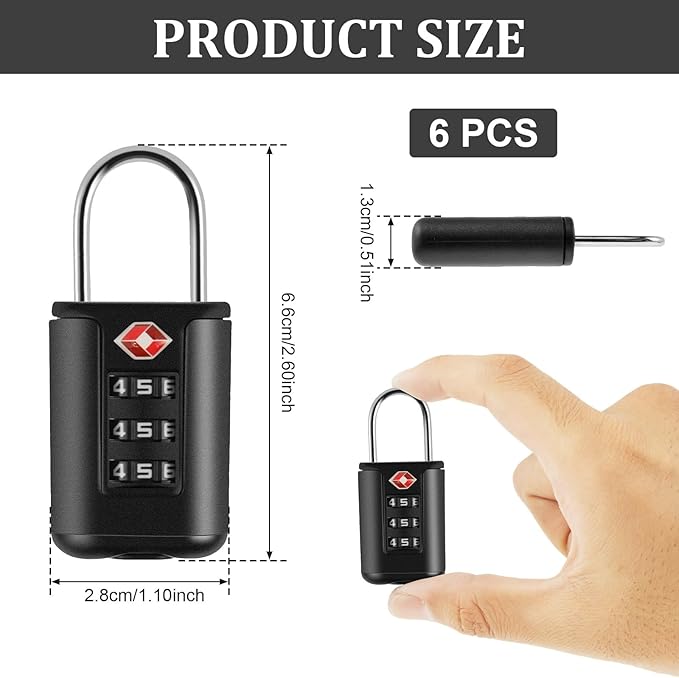 6 Pack Luggage Locks TSA Approved 3 Digit Travel Combination Portable Small Padlocks Stainless Steel TSA Accepted Toolbox Locks for Travel Bag Suitcase Lockers