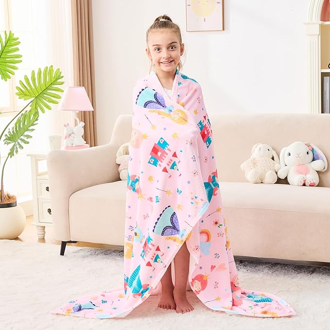 Wajade Kids Pink Princess Blanket for Girls Soft Fleece Blanket for Couch Sofa Bedroom Princess Fairy Tales Castle Throw Blanket for Kids Teens 60"x80"