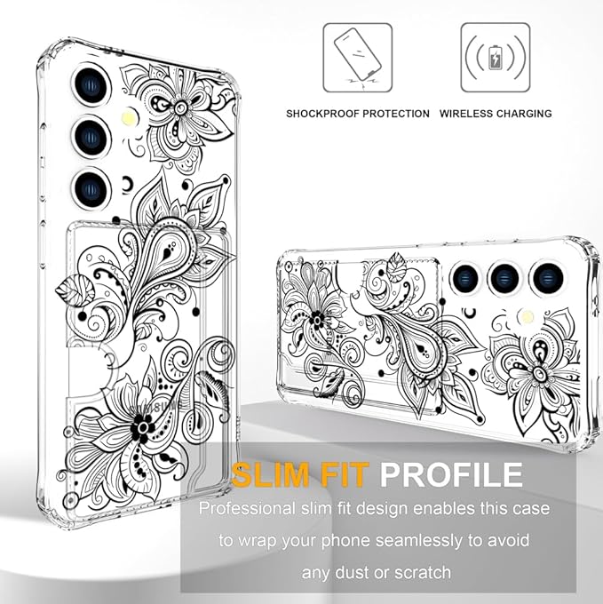 Compatible with Samsung Galaxy S24 / S25 Case Card Holder for Women Cute Design,Wallet Phone Cases Transparent Cool Kawaii Protective (Clear Black Henna Flower)
