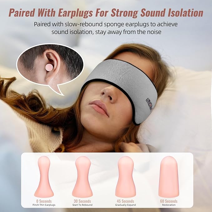Sleep Mask with Adjustable Heads, Earmuffs for Sleep, Ear Warmers for Men & Women, 2 in 1 Ear Mask and Eye Cover, Comfortable & Soft for Side Sleepers (Grey)