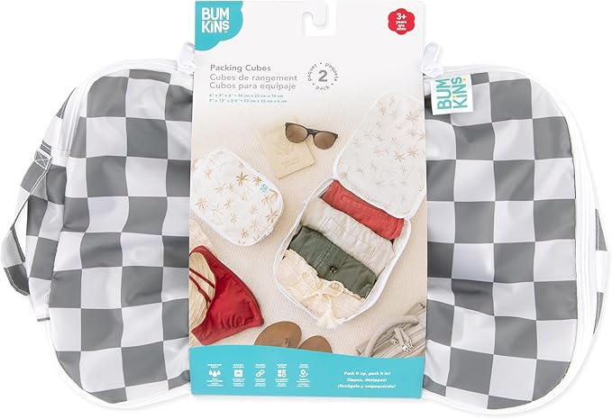 Bumkins Packing Cubes for Travel Bag, Organize Luggage with Compression Bags, Essential Traveling Accessories to Pack Carry On Suitcase, Must for Clothes or Toiletries, Set of 2 Sizes, Gray Check