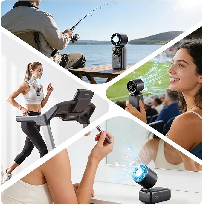 FurBall 4-IN-1 Portable Handheld Fan with Ice Cooling, High-speed Turbo Power 100 Gear Adjustable, LED Display, 6000mAh Rechargeable Battery, Foldable & Quiet Personal Fan for Travel, Office, Outdoor