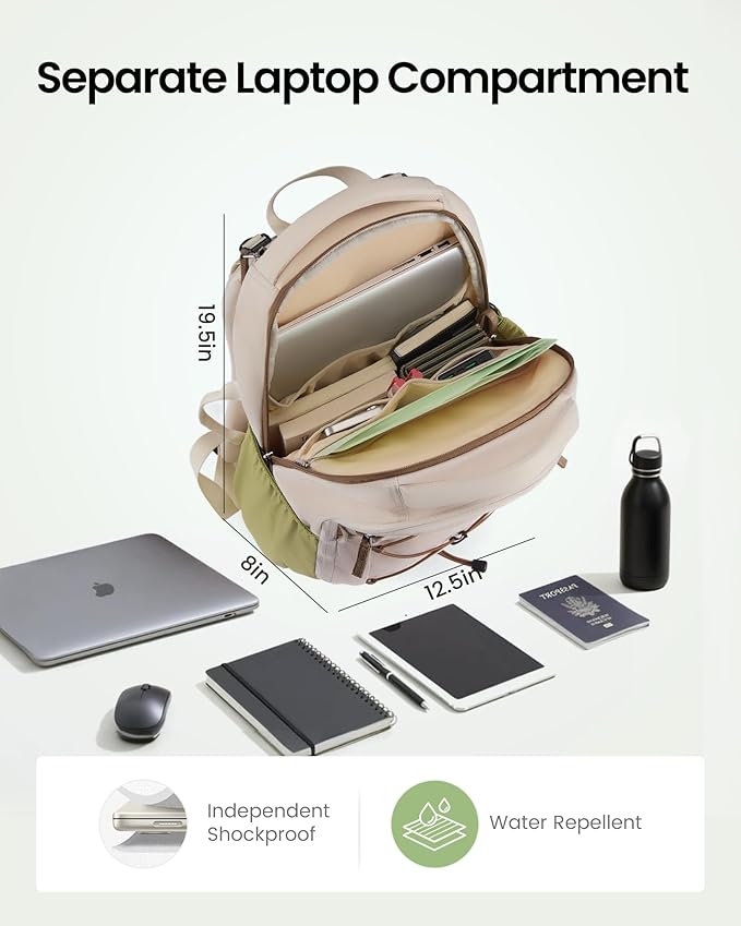 LOVEVOOK Everyday Laptop Backpack for Women Men With Tumbler Holder,17 inch Classic Travel Work College Teacher Carryon Backpack Purse,Waterproof Computer laptop Bag Hiking Backpack,Light khaki-Brown