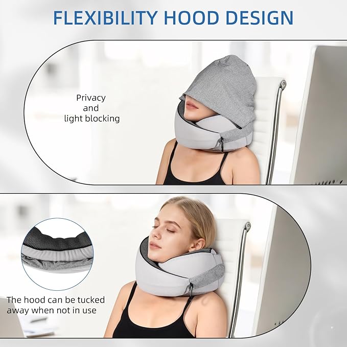 Travel Pillow, Hooded Neck Pillow Airplane for Sleeping, Memory Foam Traveling Pillow for Long Flights, Portable Plane Accessories (Charcoal Black)