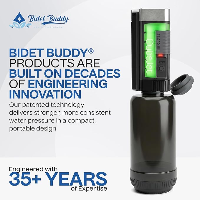 BIDET BUDDY® CubeJet Portable Bidet for Travel - 380ml Bottle, 1100mAh Rechargeable Battery, IPX6 Waterproof Wand-Style Nozzle, USB-C High-Pressure Hygiene Device for Camping & Home